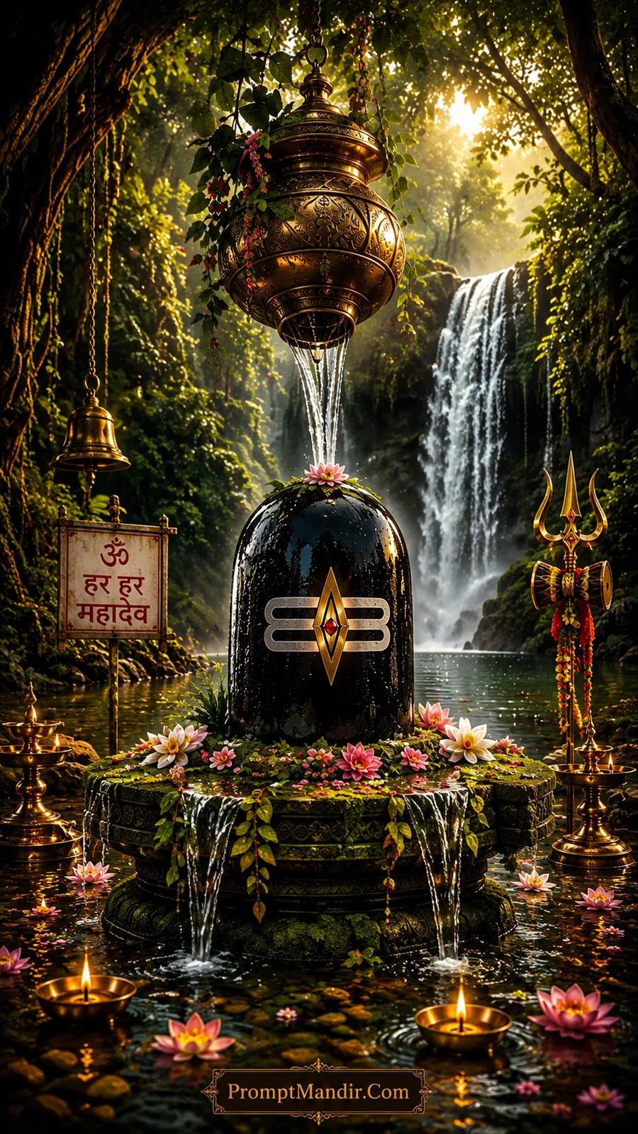 Sacred black Shivling with Tripundra symbol receiving Abhishek in a green forest waterfall with a Trishul, Damru, and Om Har Har Mahadev sign