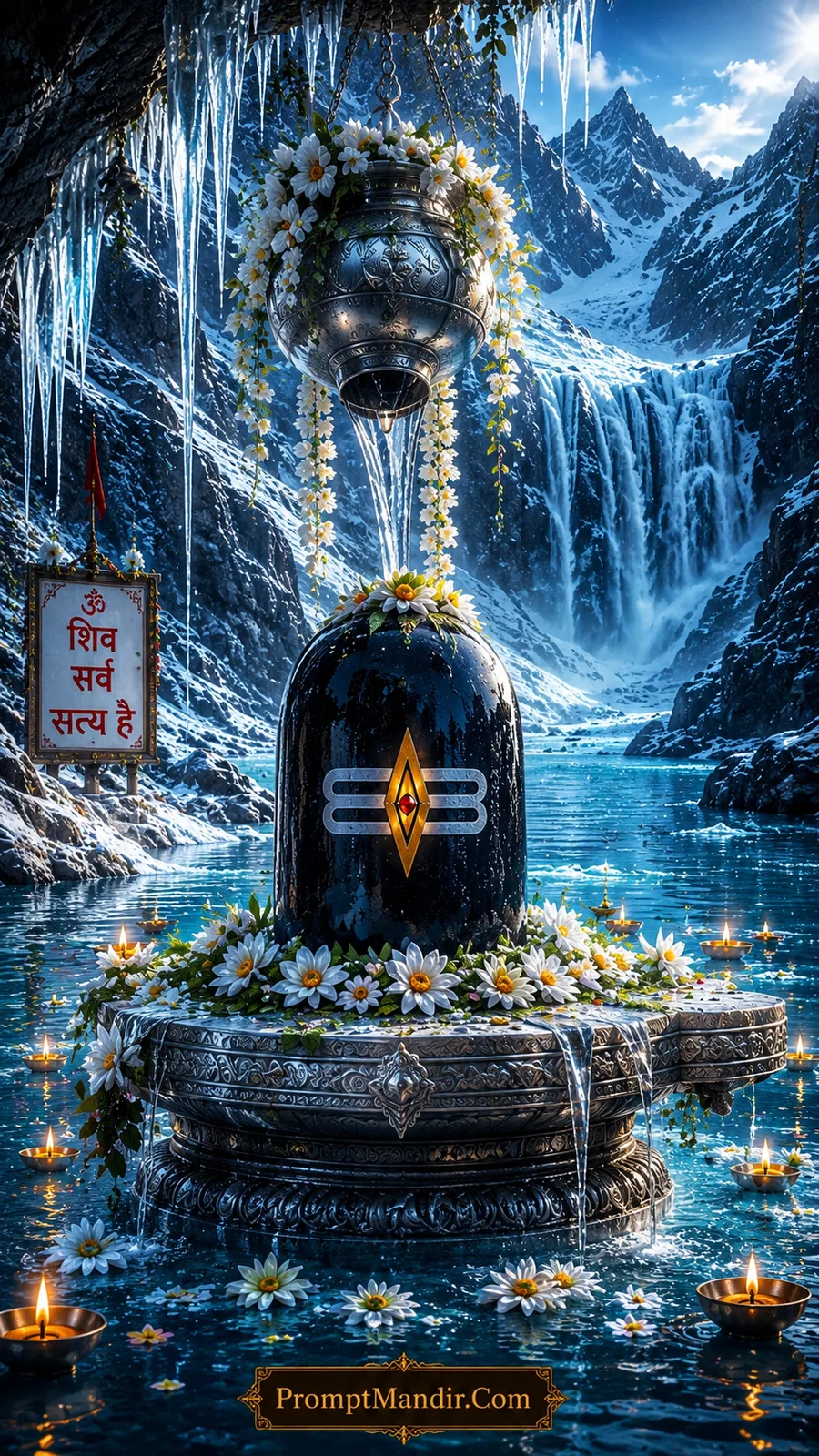 Sacred black Shivling with Tripundra symbol receiving Abhishek in an icy Himalayan cave with white flowers, icicles, and a Shiv Satya hai sign
