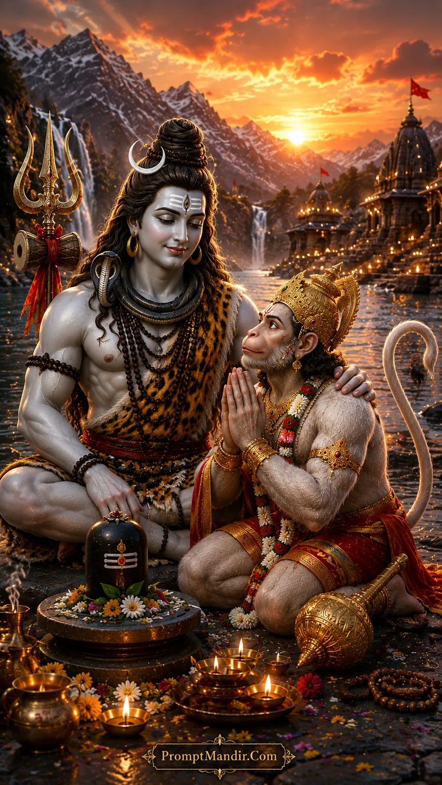 Lord Shiva blessing a kneeling Lord Hanuman near a sacred Shivling on a riverbank with a golden sunset and Himalayan temple in the background