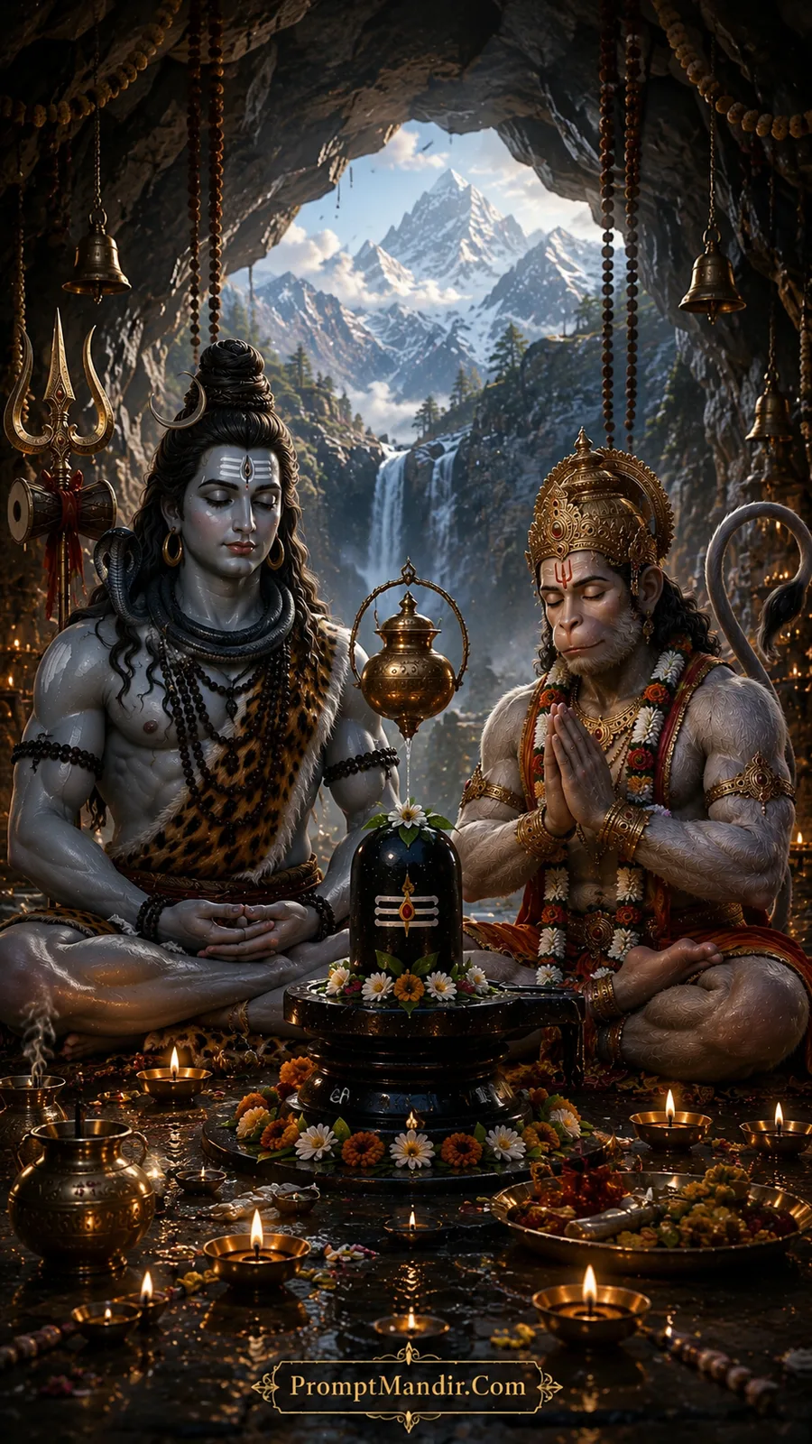 Lord Shiva and Hanuman meditating together inside a snowy Himalayan cave near a sacred Shivling, with a waterfall visible outside the cave