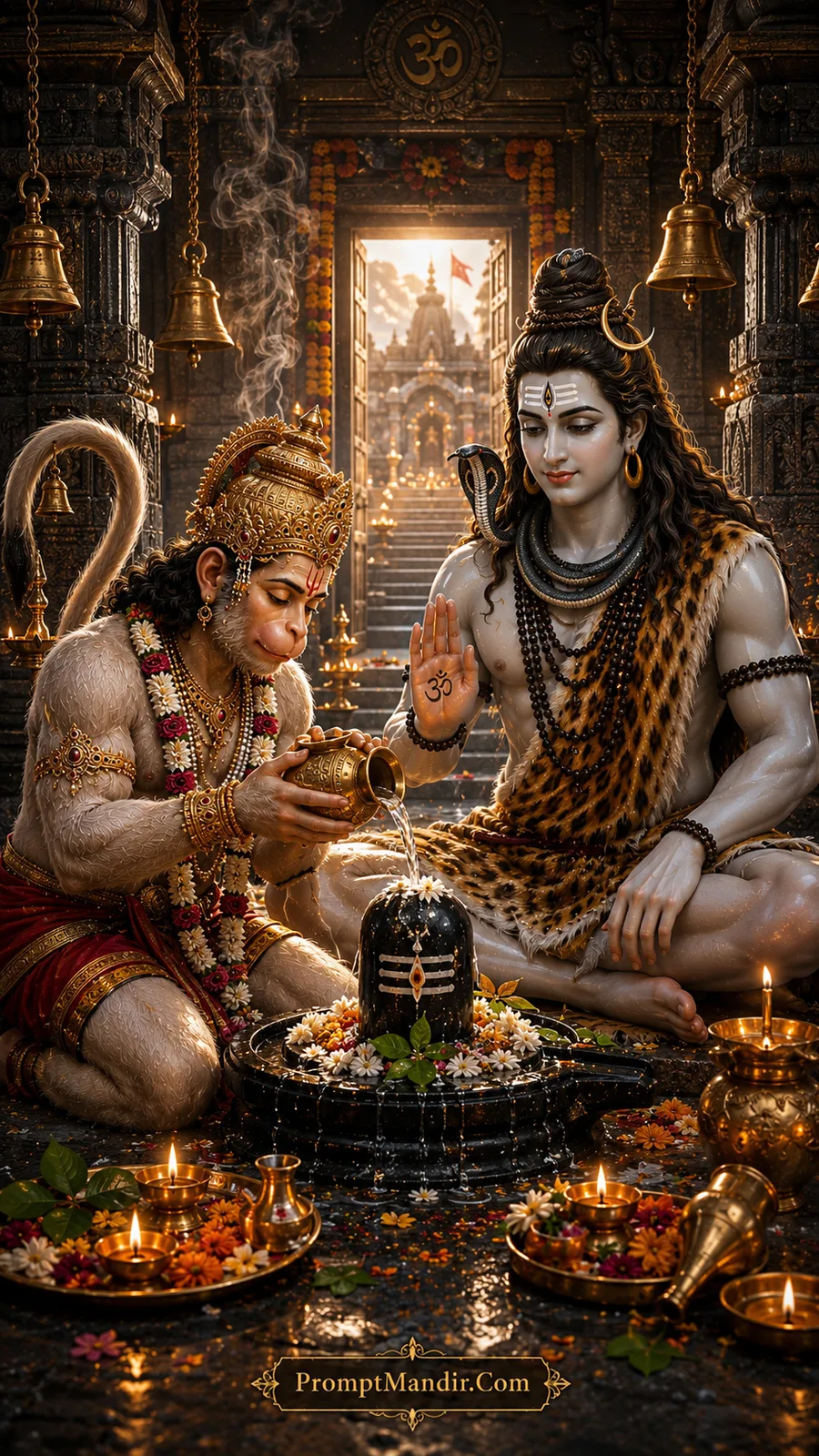 Lord Hanuman pouring water over a Shivling for Abhishek while Lord Shiva blesses him inside a grand ancient temple