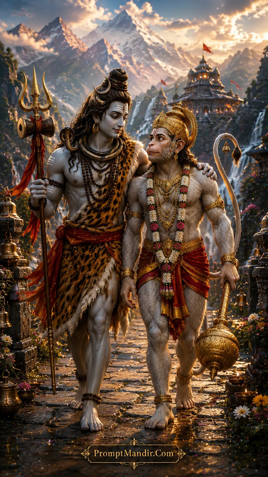 Lord Shiva and Hanuman walking together on a stone path through a Himalayan mountain temple complex at sunrise
