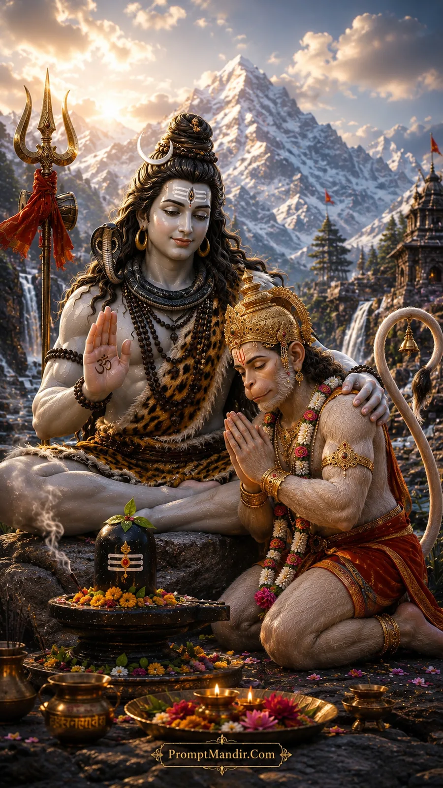 Lord Shiva blessing a kneeling Hanuman near a Shivling on a rocky peak, with snowy mountains and a waterfall in the background