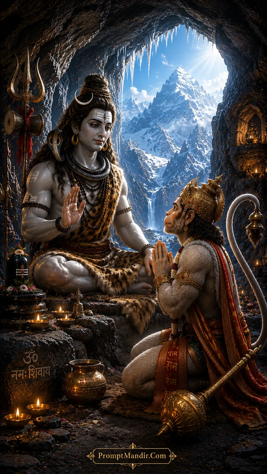 Lord Shiva blessing Hanuman inside an icy Himalayan cave with icicles, a Shivling, and a snowy mountain view
