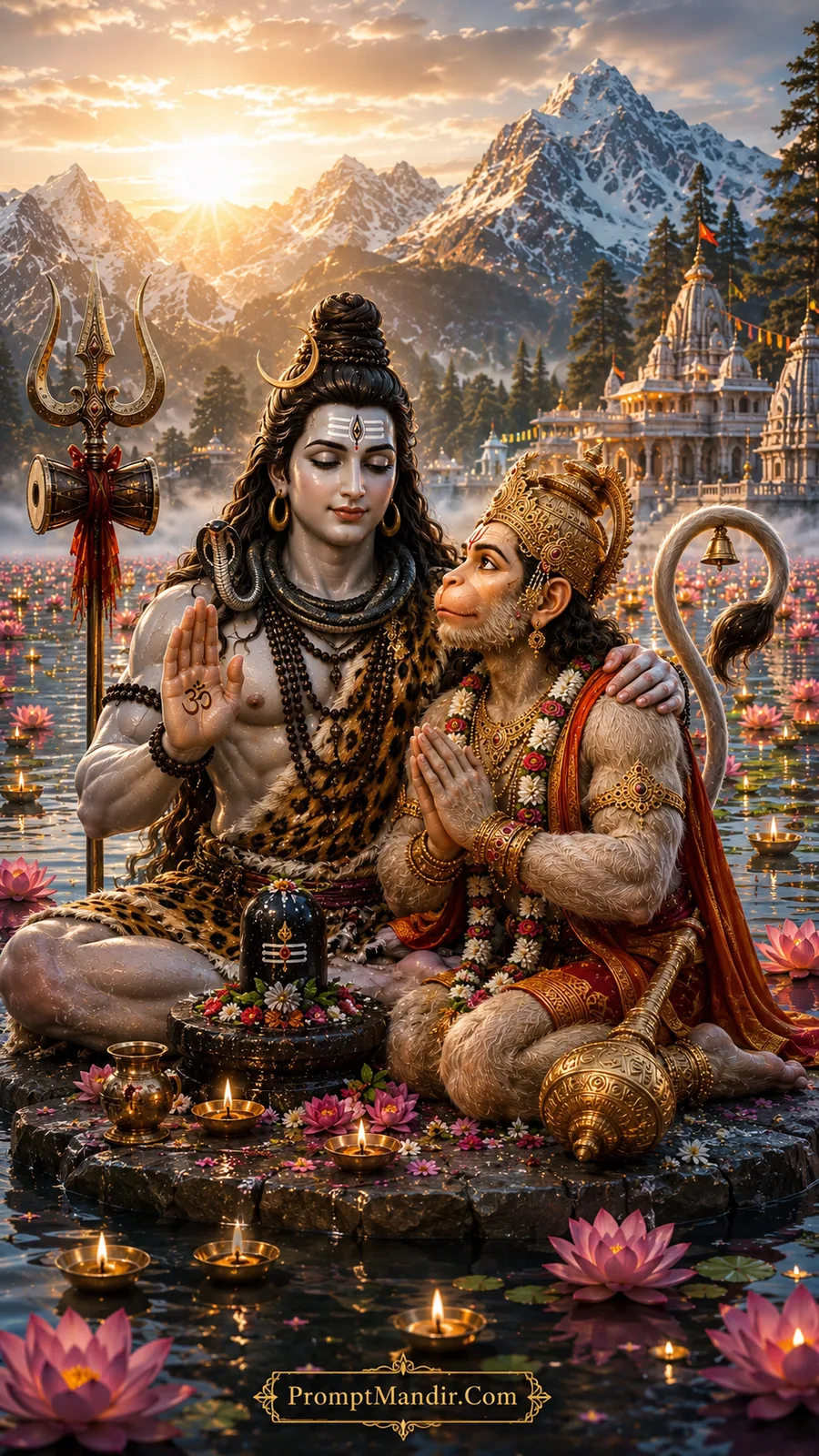 Lord Shiva blessing Hanuman by a lotus-filled lake with a golden sunset and a white Himalayan temple in the background