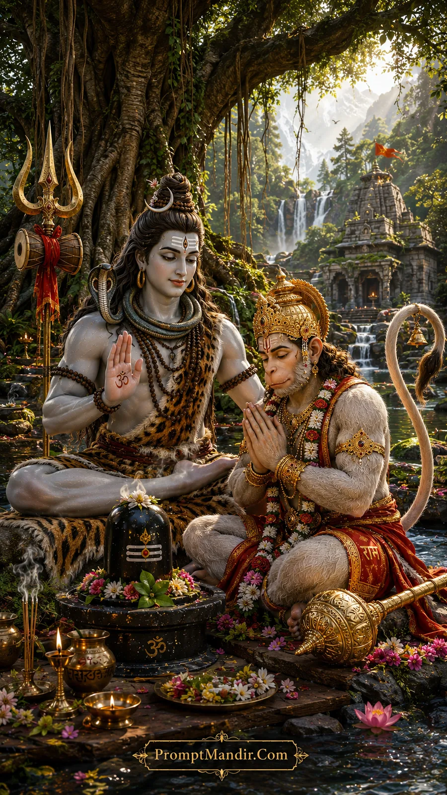Lord Shiva blessing Hanuman under an ancient Banyan tree near a forest waterfall with a stone temple in the background