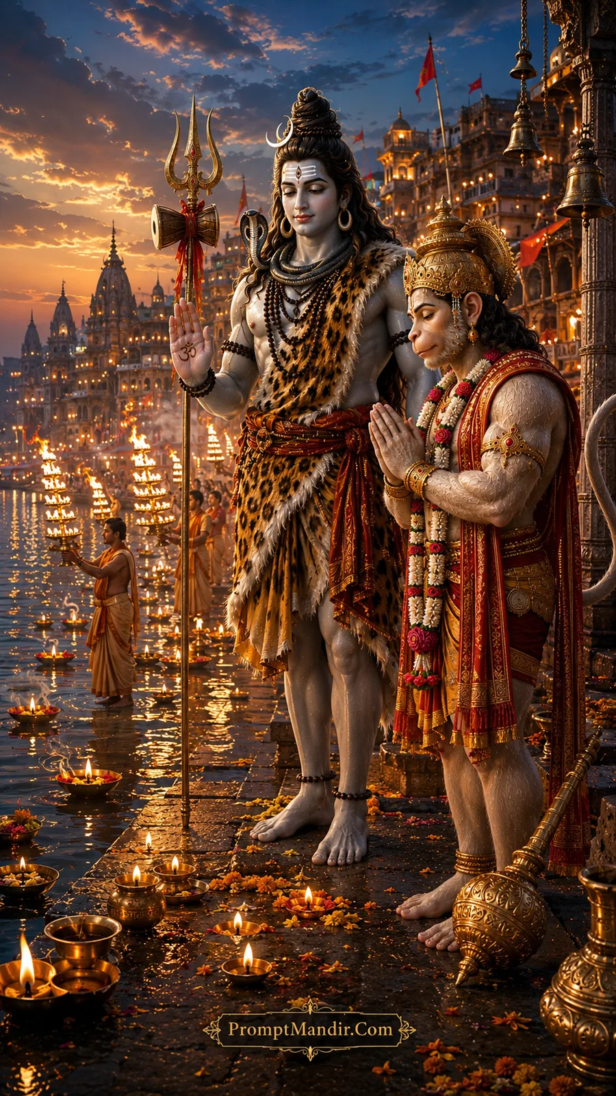 Lord Shiva and Hanuman standing together on the stone steps of a sacred river ghat during the Ganga Aarti ceremony at twilight