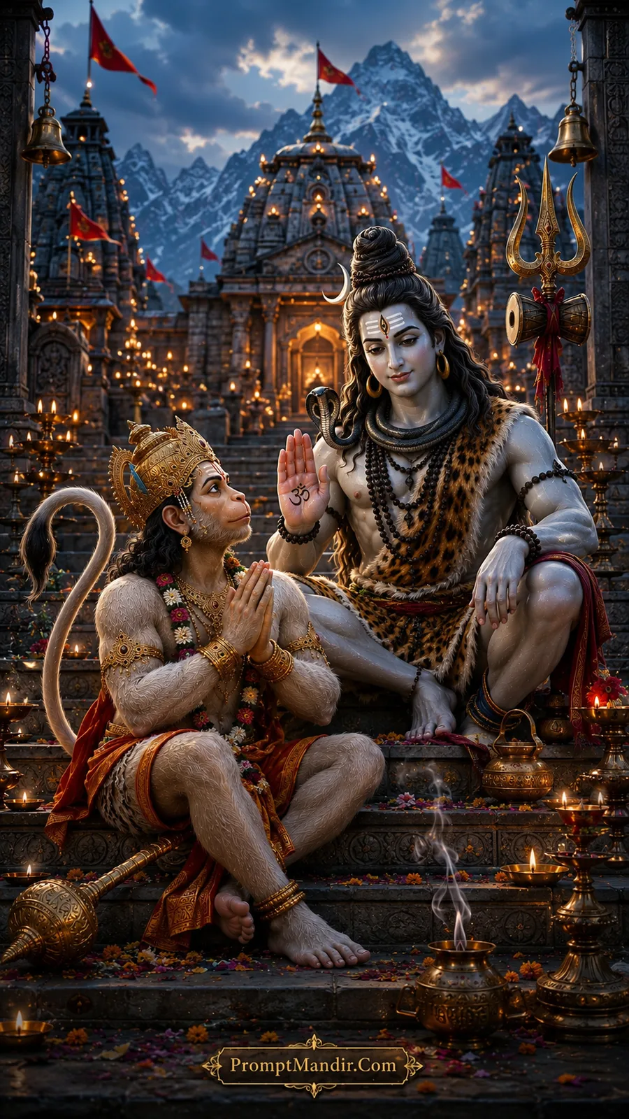 Lord Shiva blessing a seated Hanuman on the marble steps of a grand Himalayan temple with glowing diyas and incense