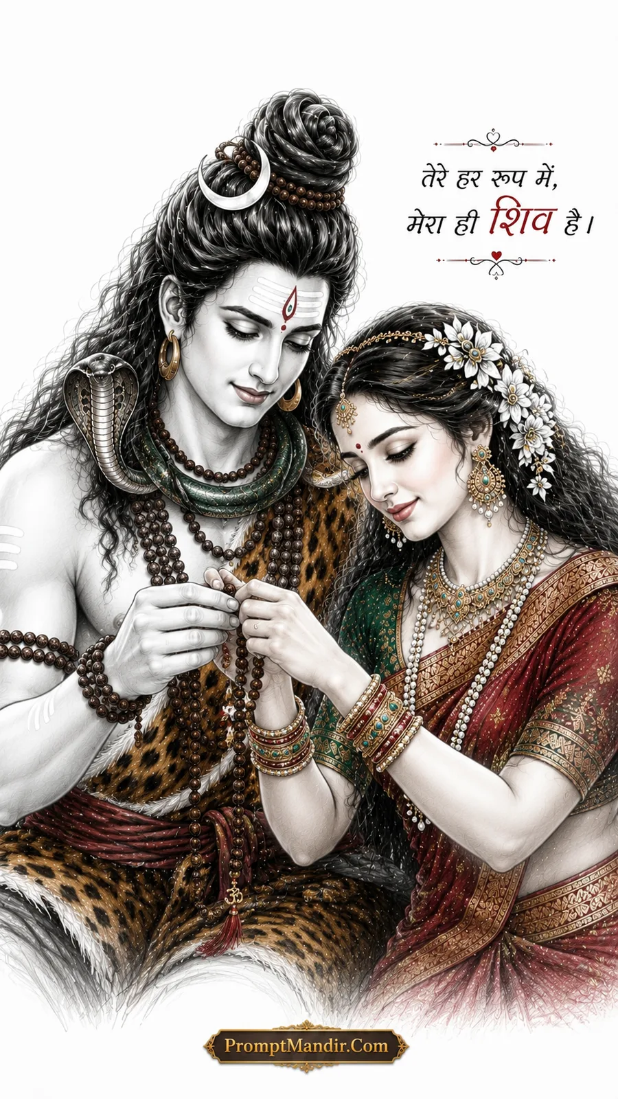 Romantic sketch-style artwork of Lord Shiva and Parvati holding a Rudraksha mala together, with a red Hindi quote about love and devotion
