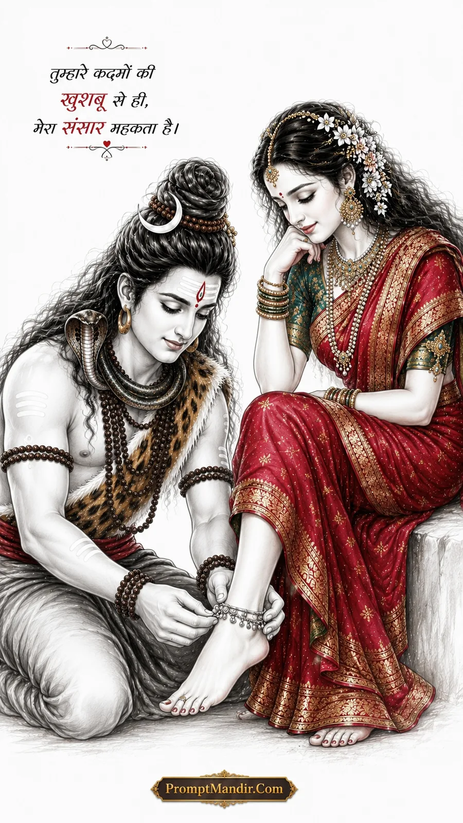 Mahadev lovingly putting an anklet on Maa Parvati's feet, beautiful Shiv Shakti devotional artwork.