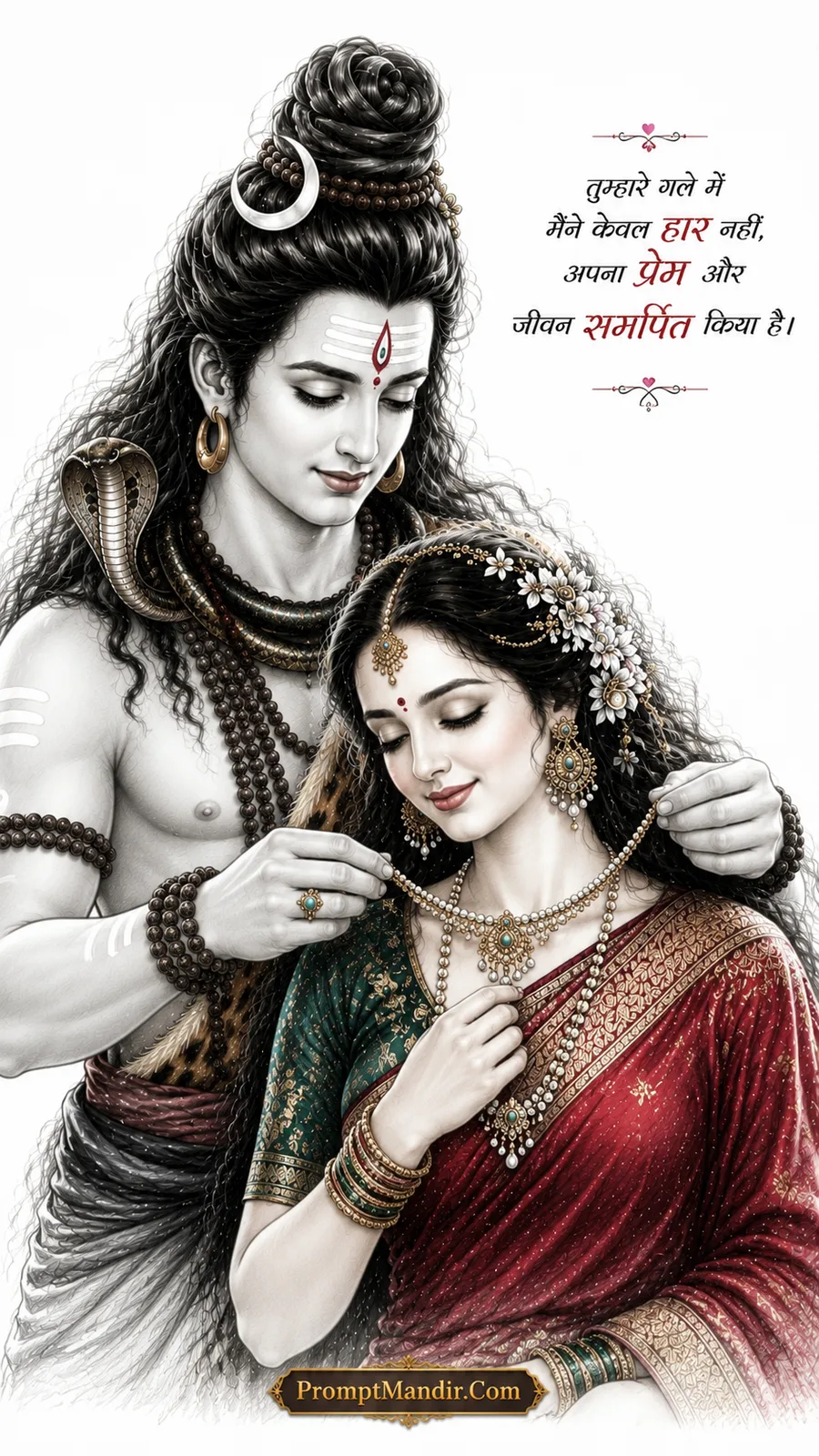 Lord Shiva gently placing a pearl necklace around Parvati's neck, with a romantic Hindi quote about devotion