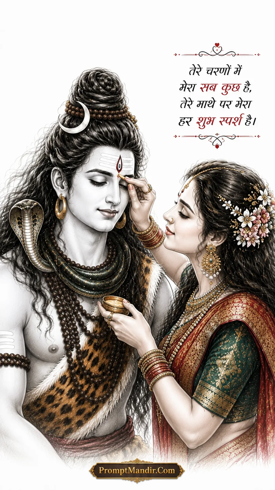 Maa Parvati applying tilak to Lord Shiva with love, elegant Shiv Shakti devotional illustration.