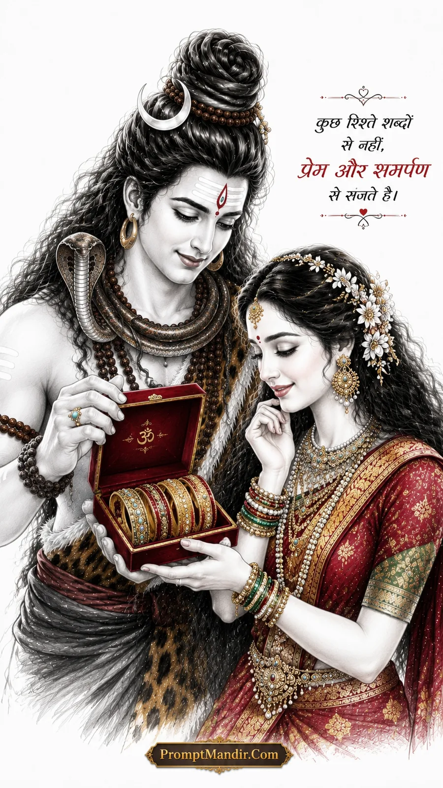 Lord Shiva presenting a box of golden bangles to Parvati, with a romantic Hindi quote about love and devotion