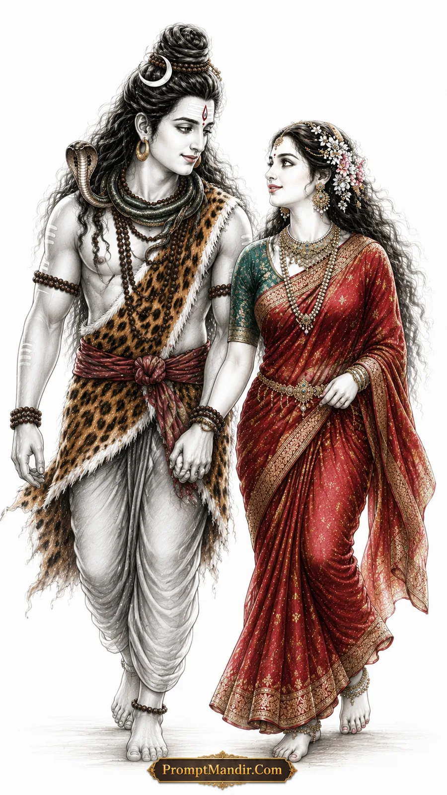 Lord Shiva and Parvati holding hands and walking side by side, with a romantic Hindi quote about companionship