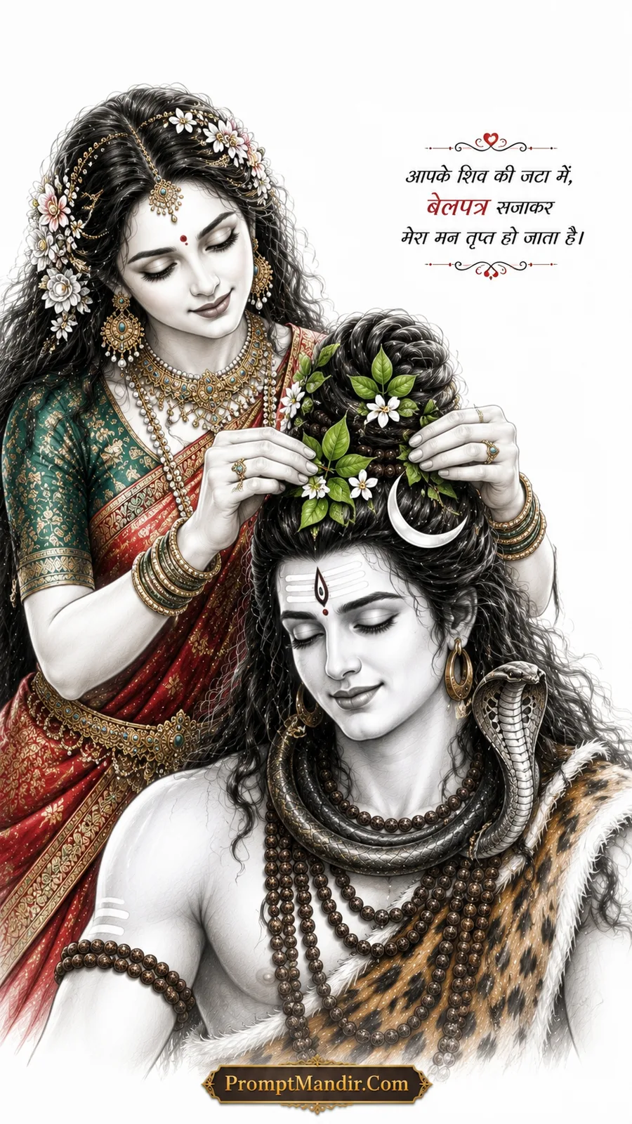 Parvati placing belpatra (leaves) on Shiva's hair/jata, with a romantic Hindi quote about love