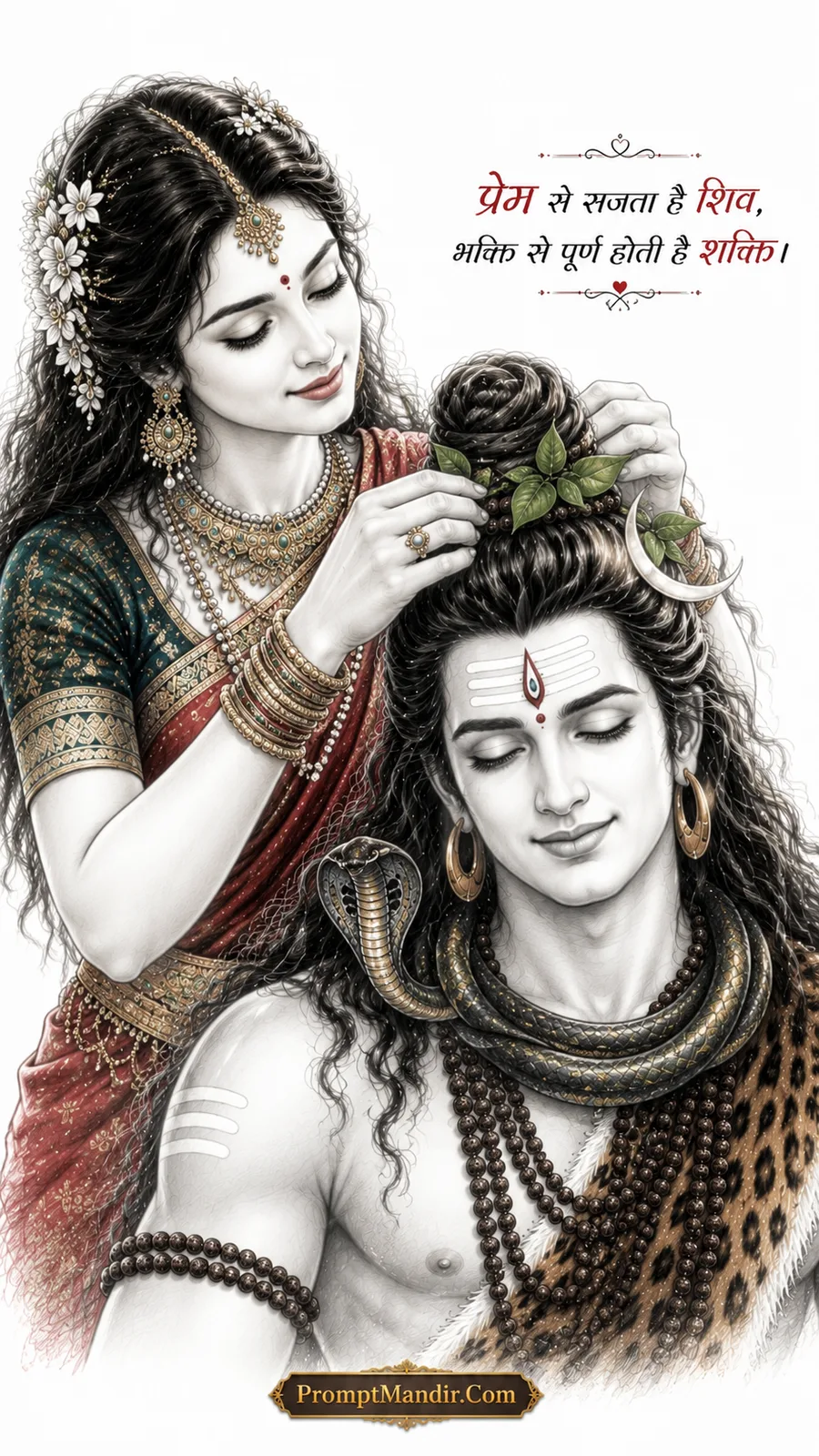 Parvati placing green leaves and flowers on Shiva's hair/jata, with a romantic Hindi quote about love and devotion
