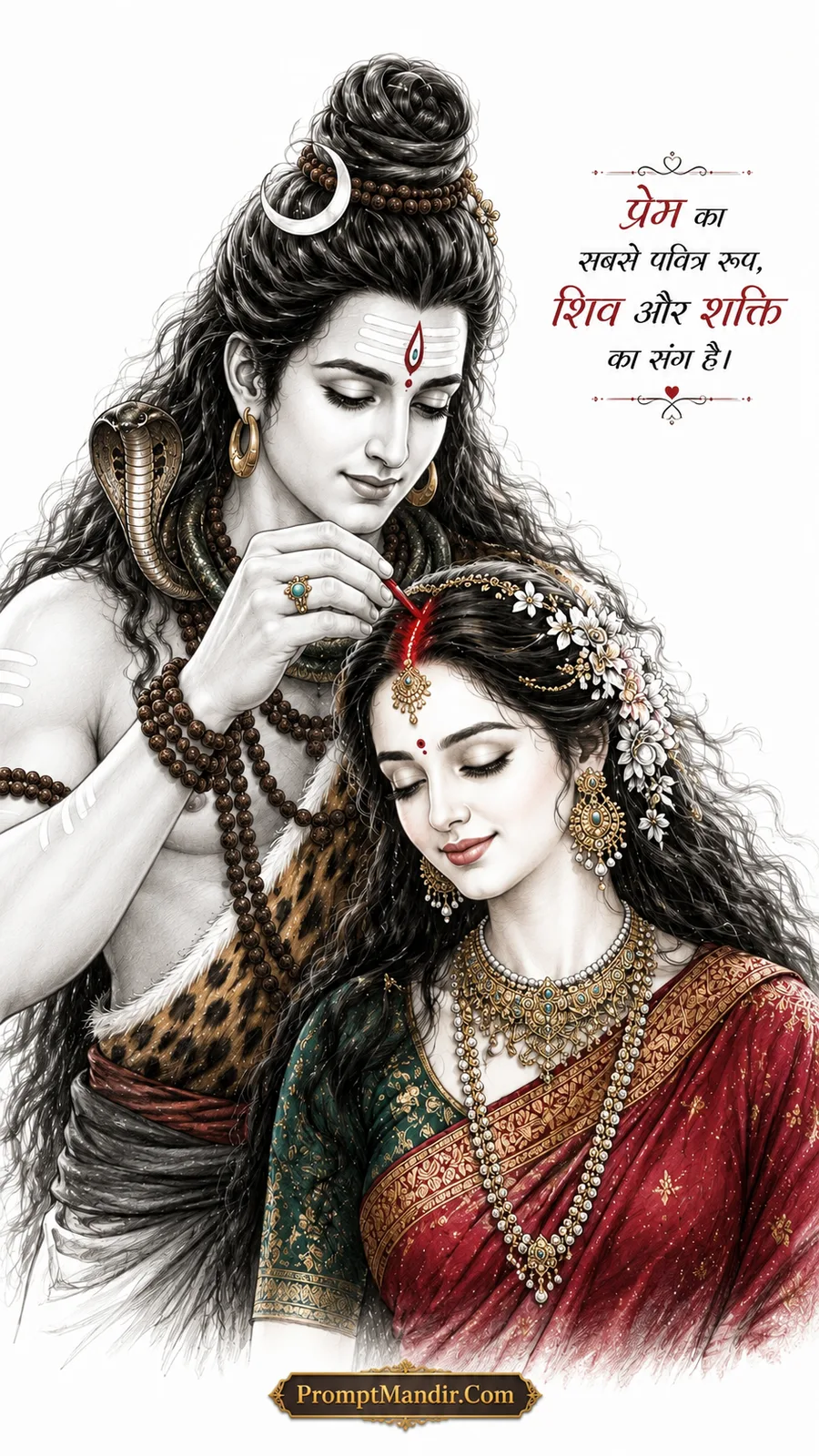 Lord Shiva applying sindoor to Parvati's hair parting, with a romantic Hindi quote about the sacred color of love