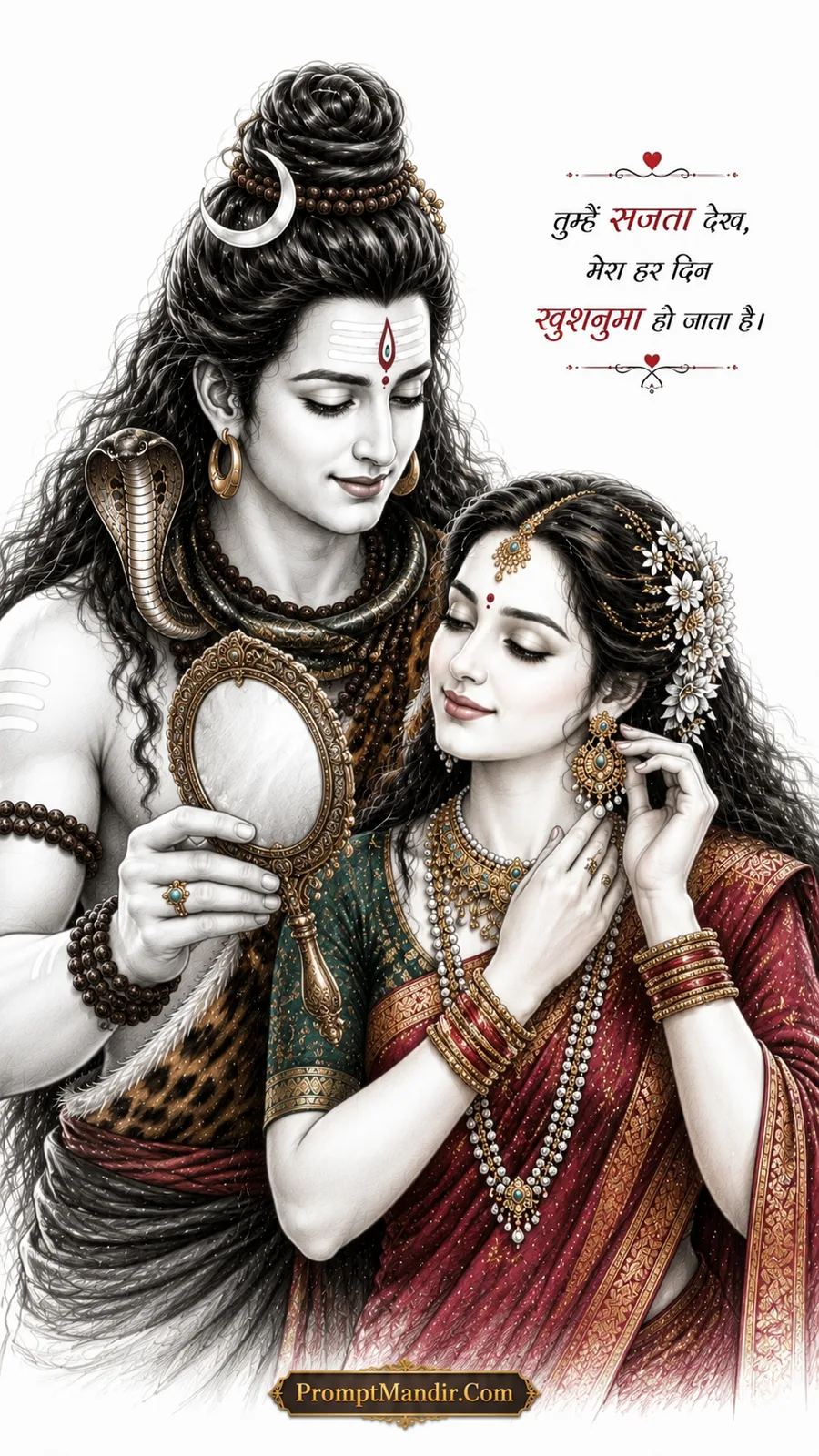 Lord Shiva holding a mirror for Parvati as she adjusts her earring, with a romantic Hindi quote about adorning her