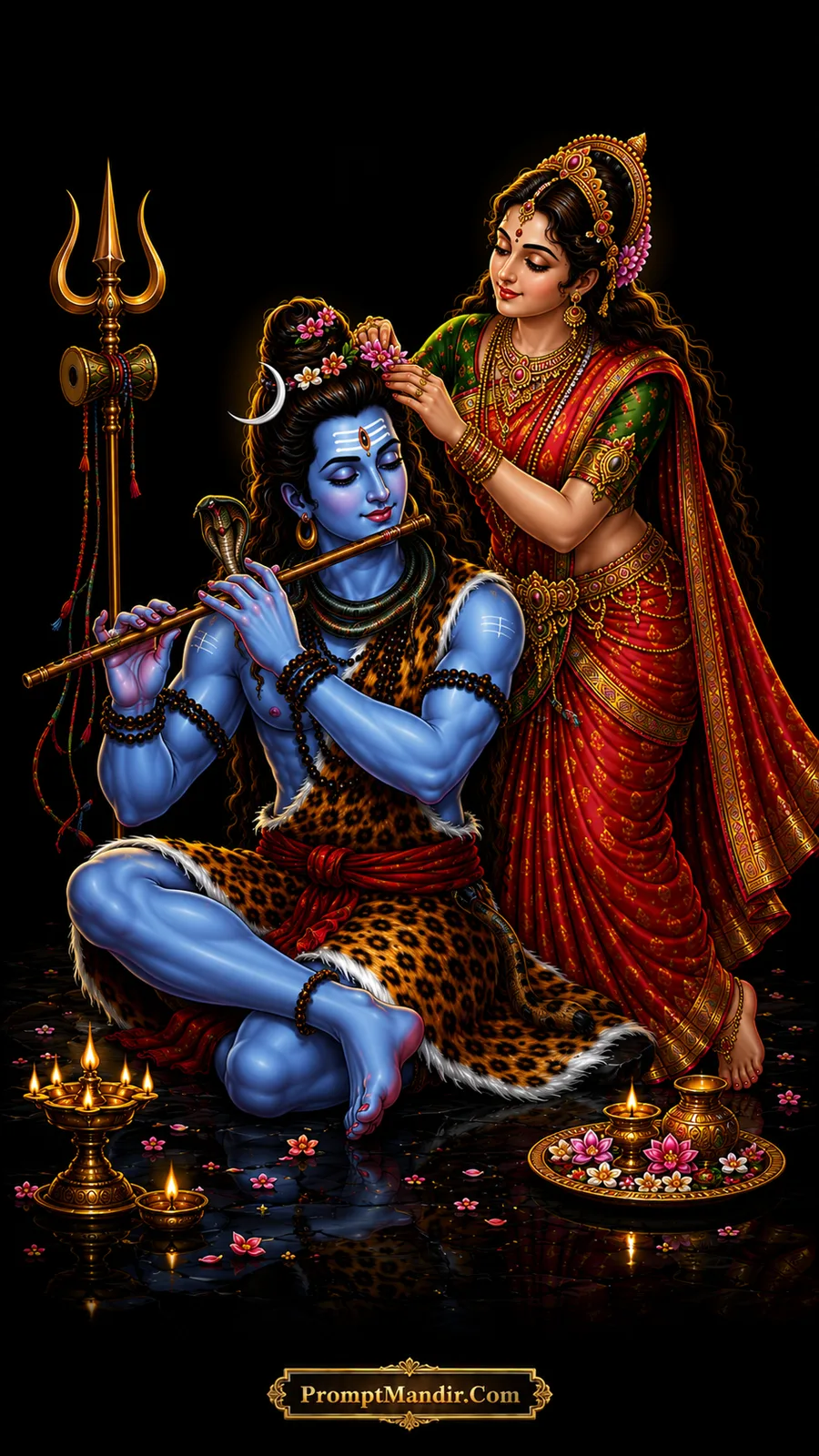 Lord Shiva playing a flute while Goddess Parvati gently adorns his hair with flowers in a dark, romantic setting