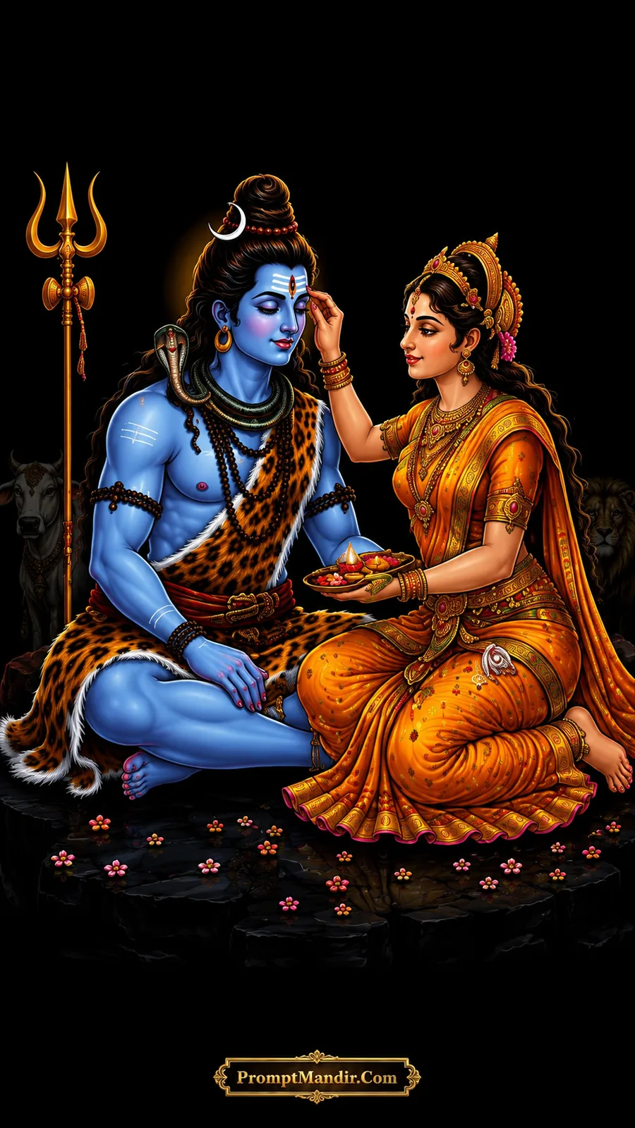 Goddess Parvati applying a tilak to Lord Shiva's forehead while holding a plate of offerings