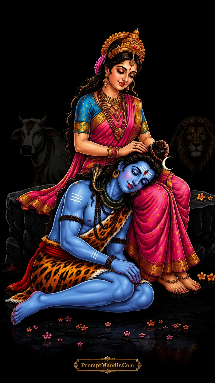 Goddess Parvati sitting with Lord Shiva's head resting on her lap, gently caressing his hair as he relaxes