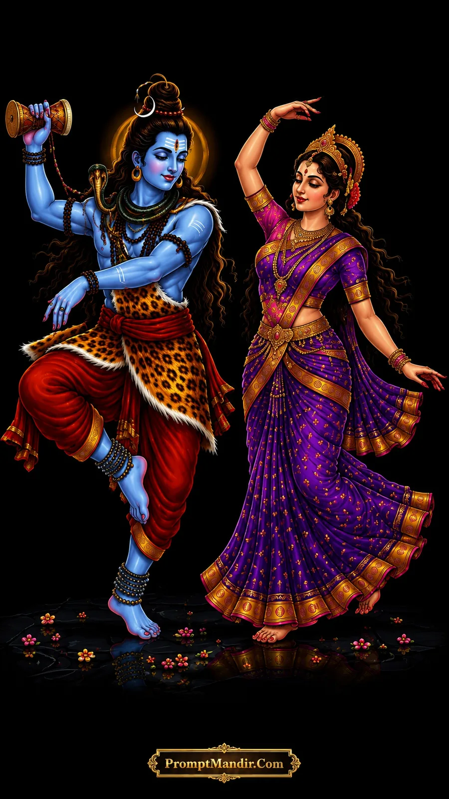 Lord Shiva and Goddess Parvati dancing together in a joyful, cosmic dance pose