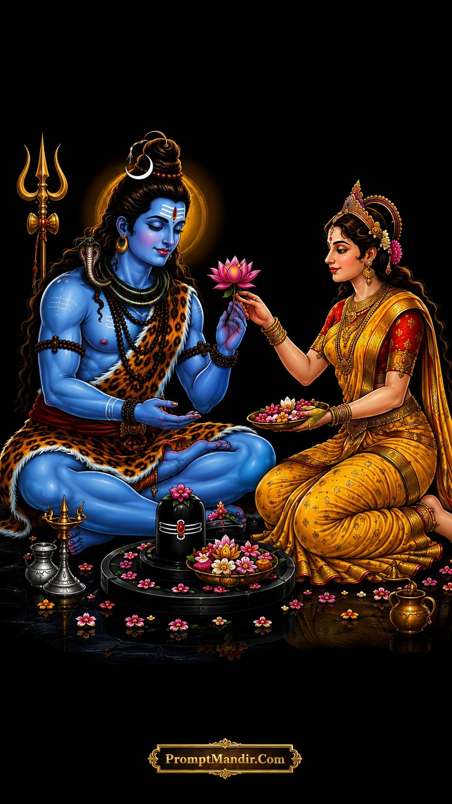 Lord Shiva receiving a pink lotus flower from Goddess Parvati, with a Shivling between them