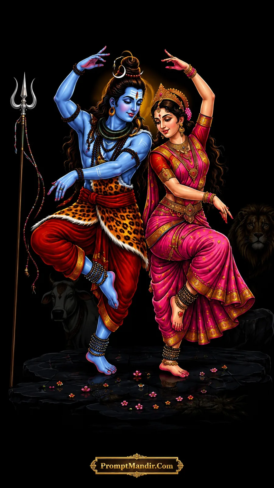 Lord Shiva and Goddess Parvati dancing in a graceful, synchronized pose, with a Nandi and lion in the background
