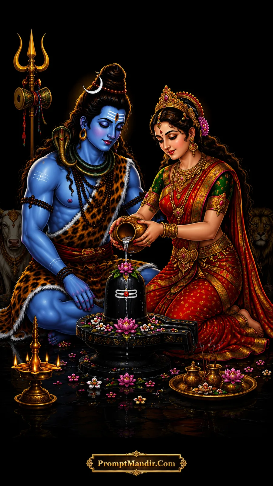 Goddess Parvati pouring water over a sacred Shivling in Abhishek while Lord Shiva watches lovingly