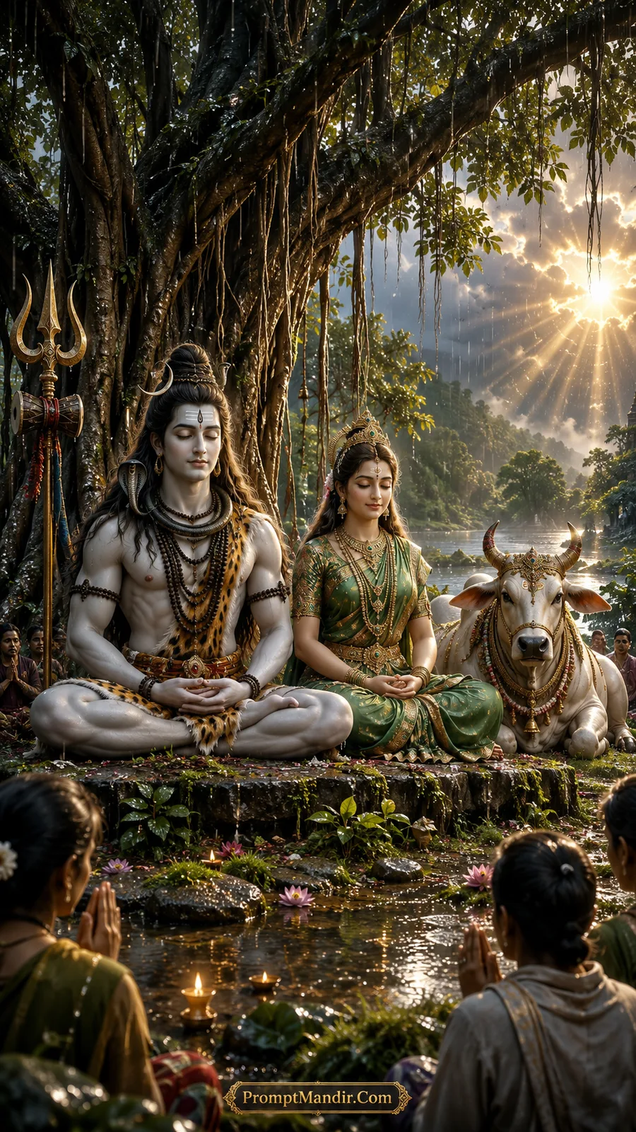 Lord Shiva and Goddess Parvati meditating together under a large banyan tree near a river, with devotees offering prayers in the foreground
