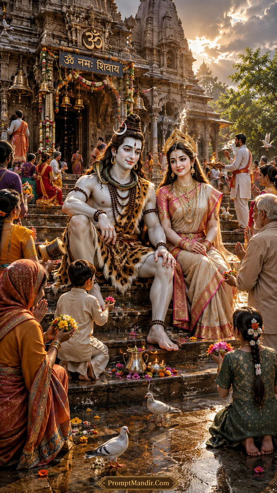 Lord Shiva and Goddess Parvati sitting on the steps of a grand temple, blessing devotees offering flowers, with a dove nearby