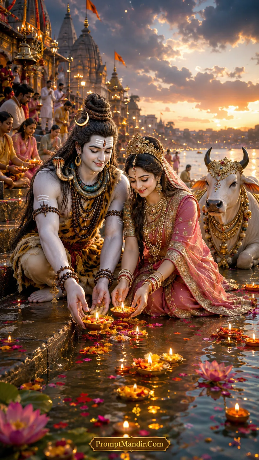 Lord Shiva and Goddess Parvati releasing floating diyas into a holy river at sunset, with a decorated Nandi nearby