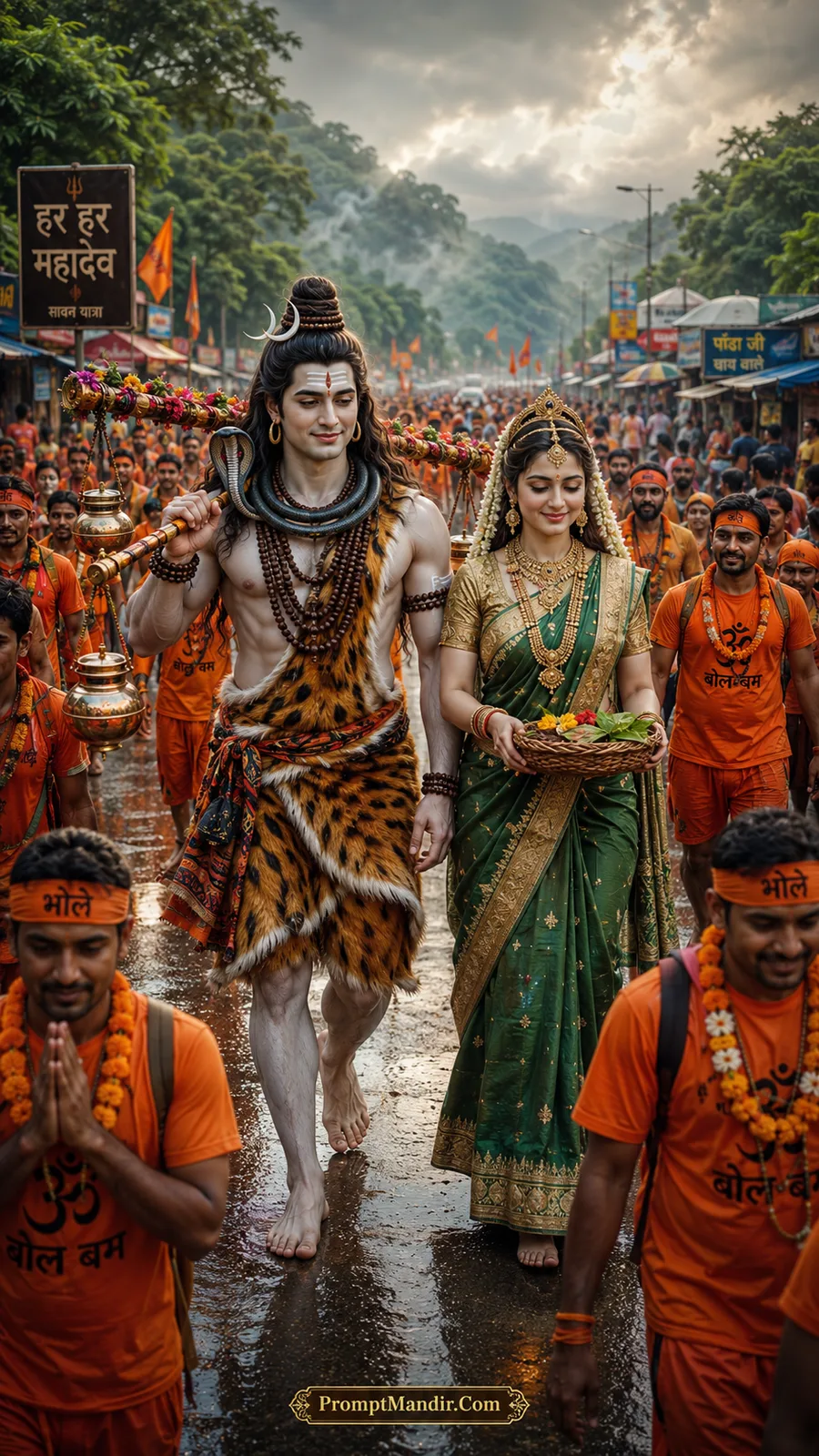 Lord Shiva and Goddess Parvati walking through a Sawan Yatra procession, with devotees chanting 'Bam Bam Bhole' and carrying Kanwars