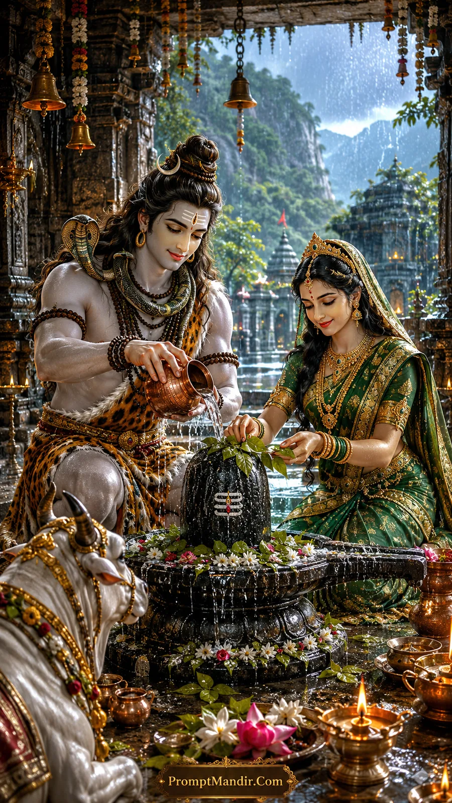 Lord Shiva pouring water over a sacred Shivling (Abhishek) while Goddess Parvati offers belpatra leaves, with a decorated Nandi nearby