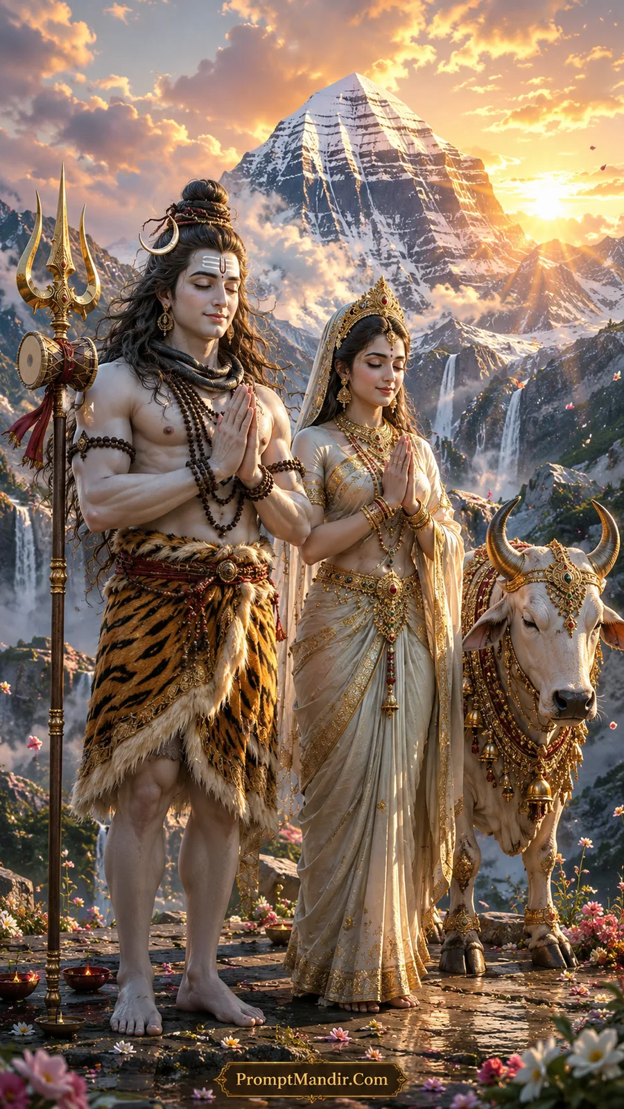 Lord Shiva and Goddess Parvati standing with folded hands in prayer before the golden Mount Kailash at sunrise