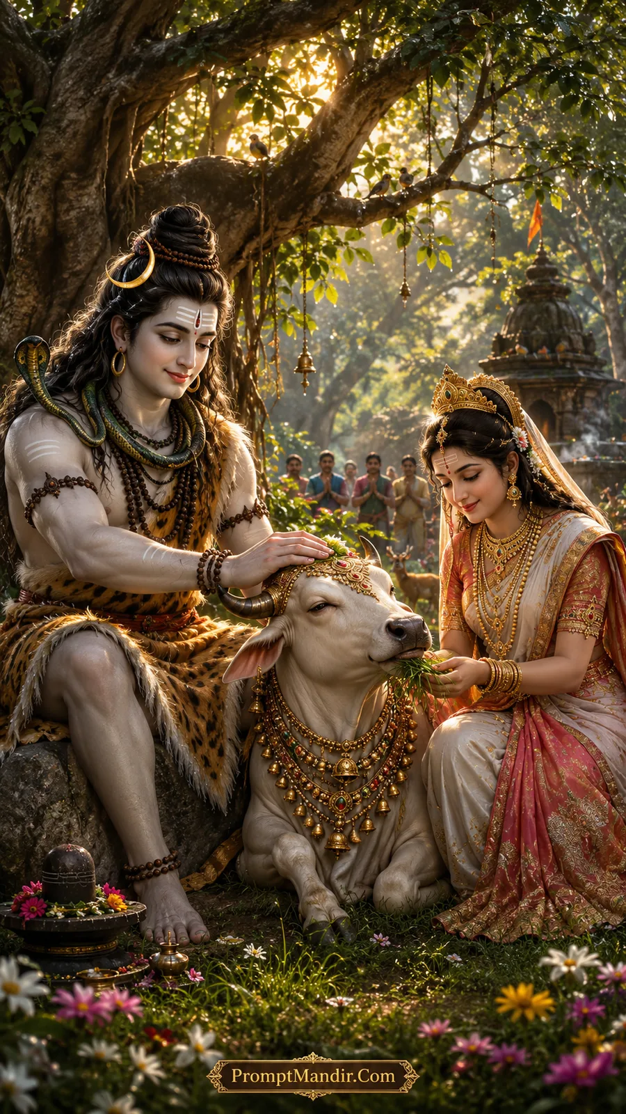 Lord Shiva gently petting a decorated white cow (Nandi) while Goddess Parvati offers it fresh grass, under a tree with a Shivling nearby