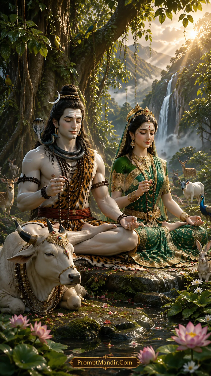 Lord Shiva and Goddess Parvati meditating in a lush forest with a waterfall, surrounded by deer, a peacock, and a rabbit