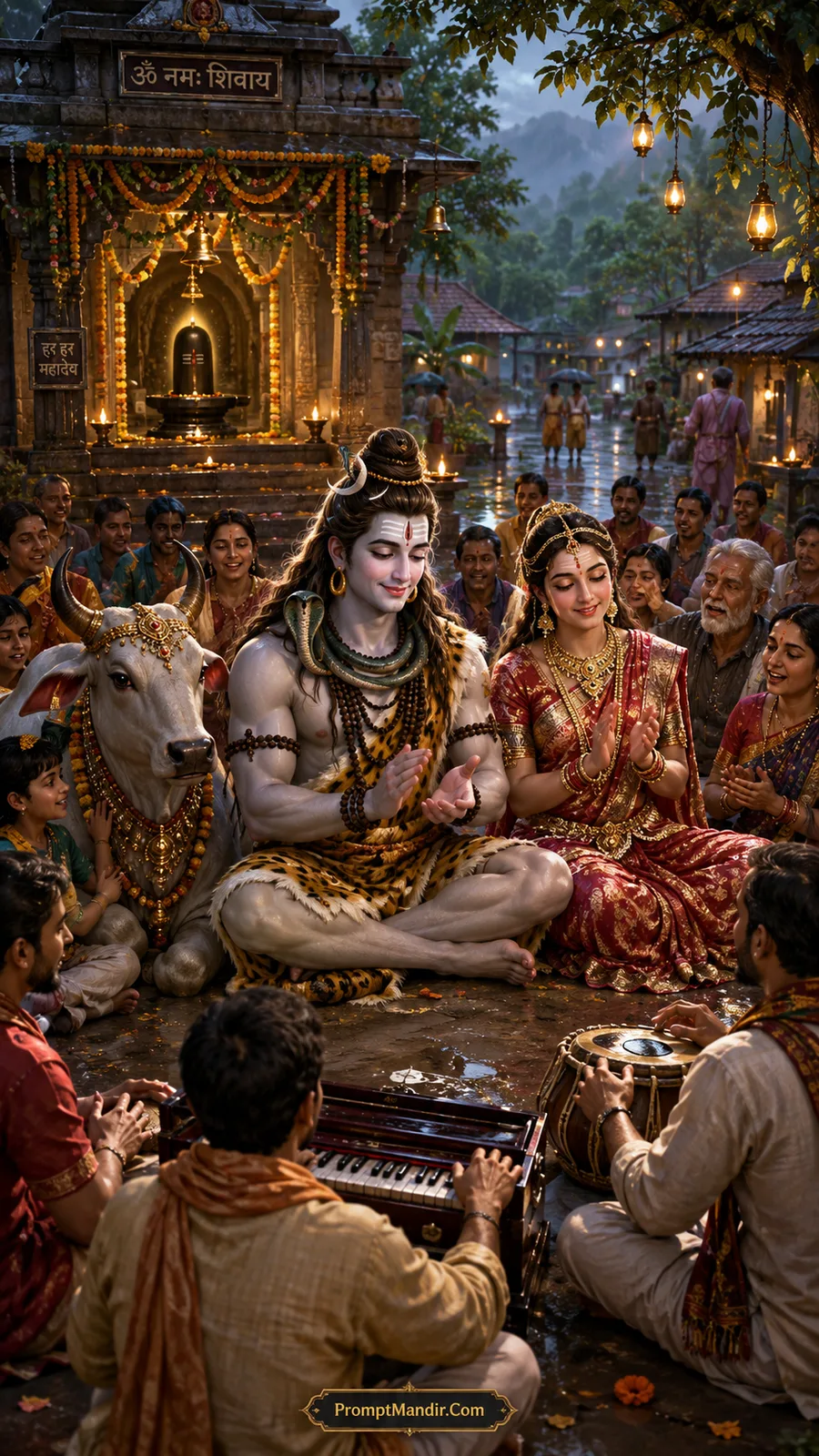 Lord Shiva and Goddess Parvati sitting in a village street at night, clapping and enjoying a Bhajan-Kirtan with musicians and devotees