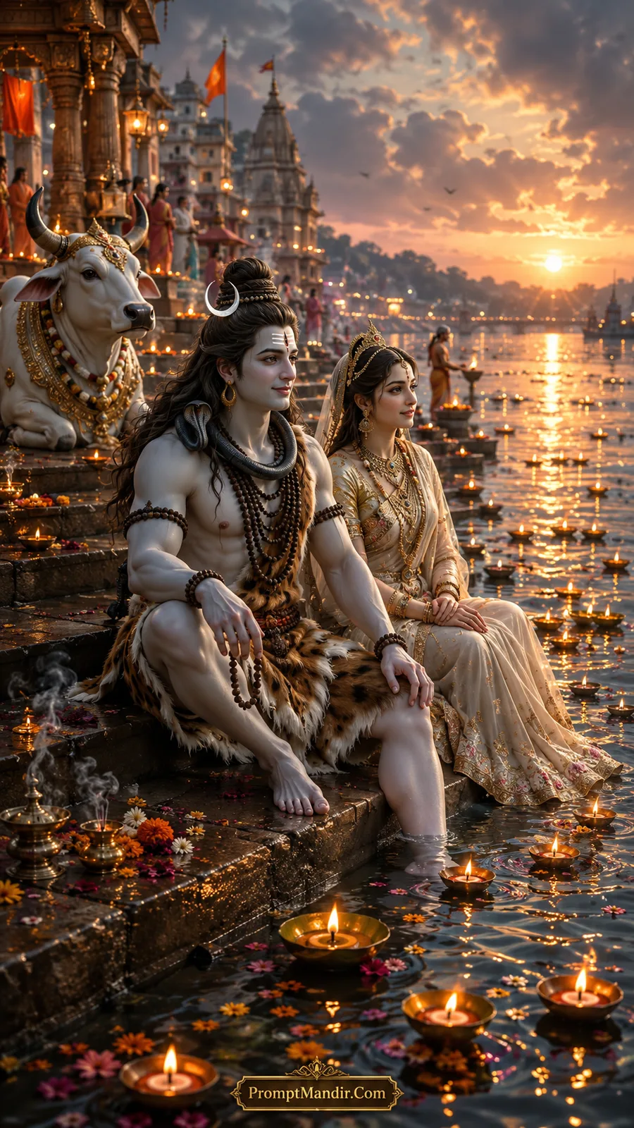 Lord Shiva and Goddess Parvati sitting on the steps of a river ghat at sunset, surrounded by floating diyas and a glowing temple