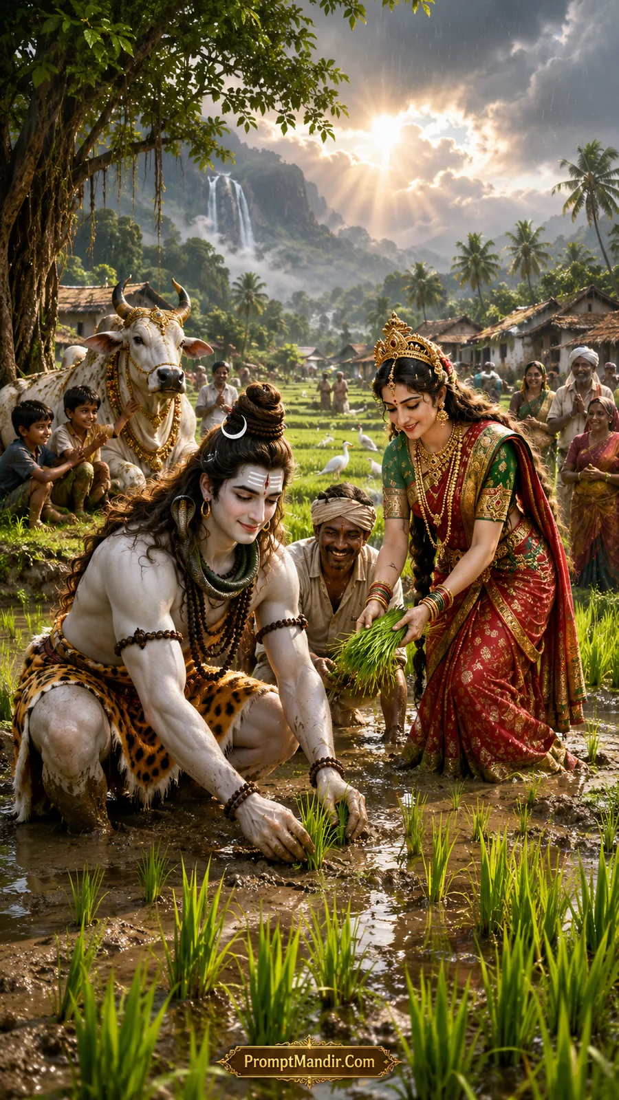 Lord Shiva and Goddess Parvati planting paddy saplings in a muddy field with villagers under a golden sunrise