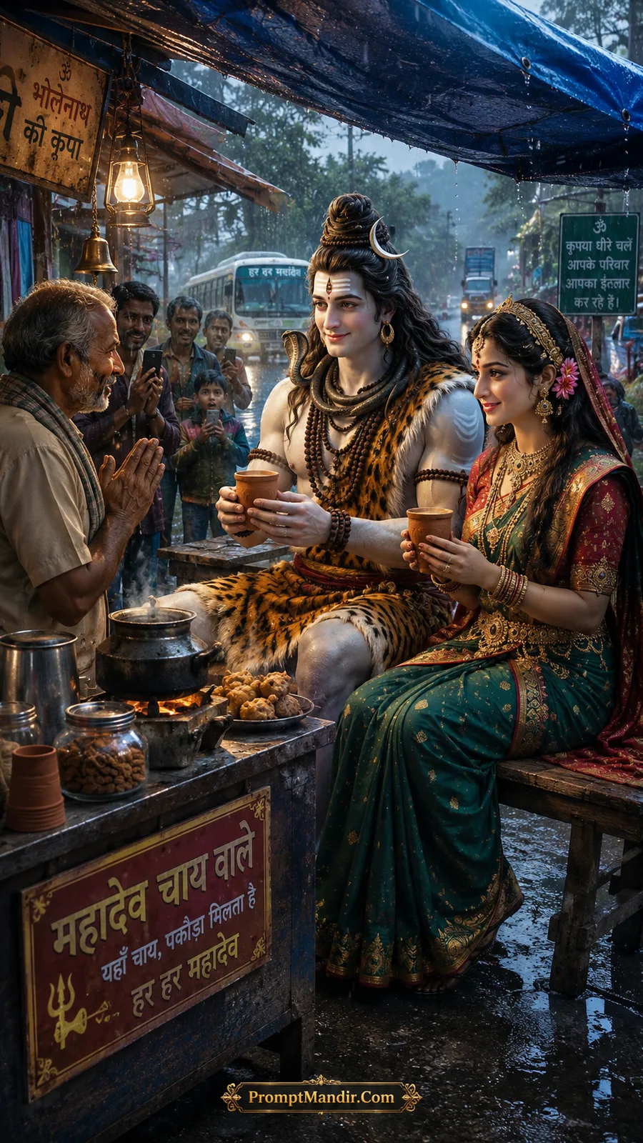 Lord Shiva and Goddess Parvati sitting at a humble tea stall in the rain, holding clay cups of tea while the tea seller greets them