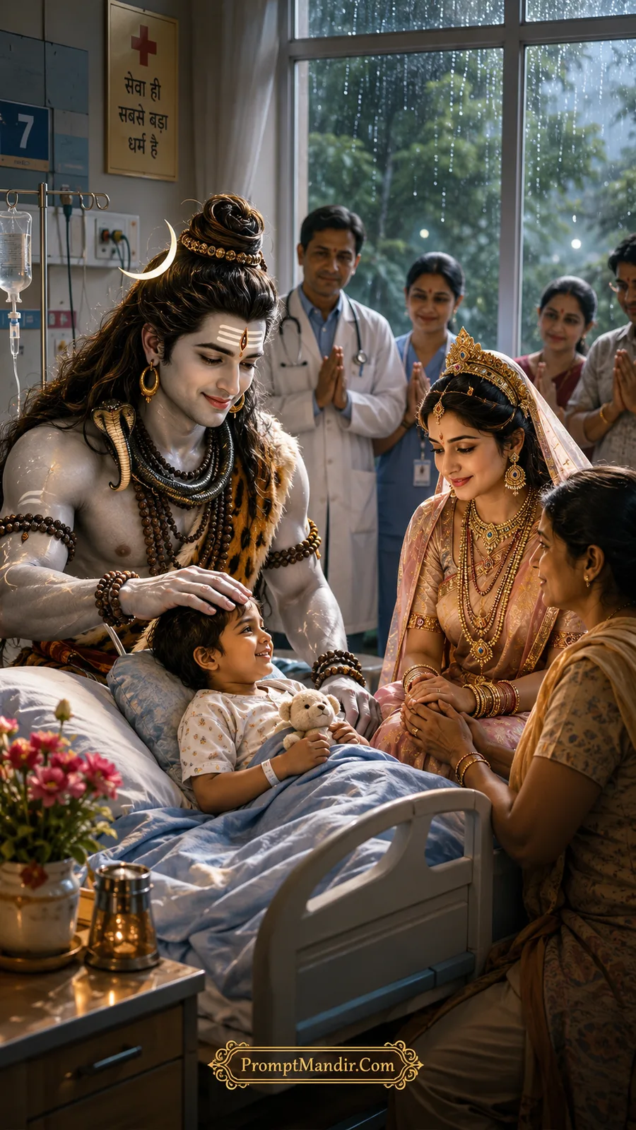 Lord Shiva blessing a sick child in a hospital bed while Parvati comforts the mother, with doctors and nurses in the background