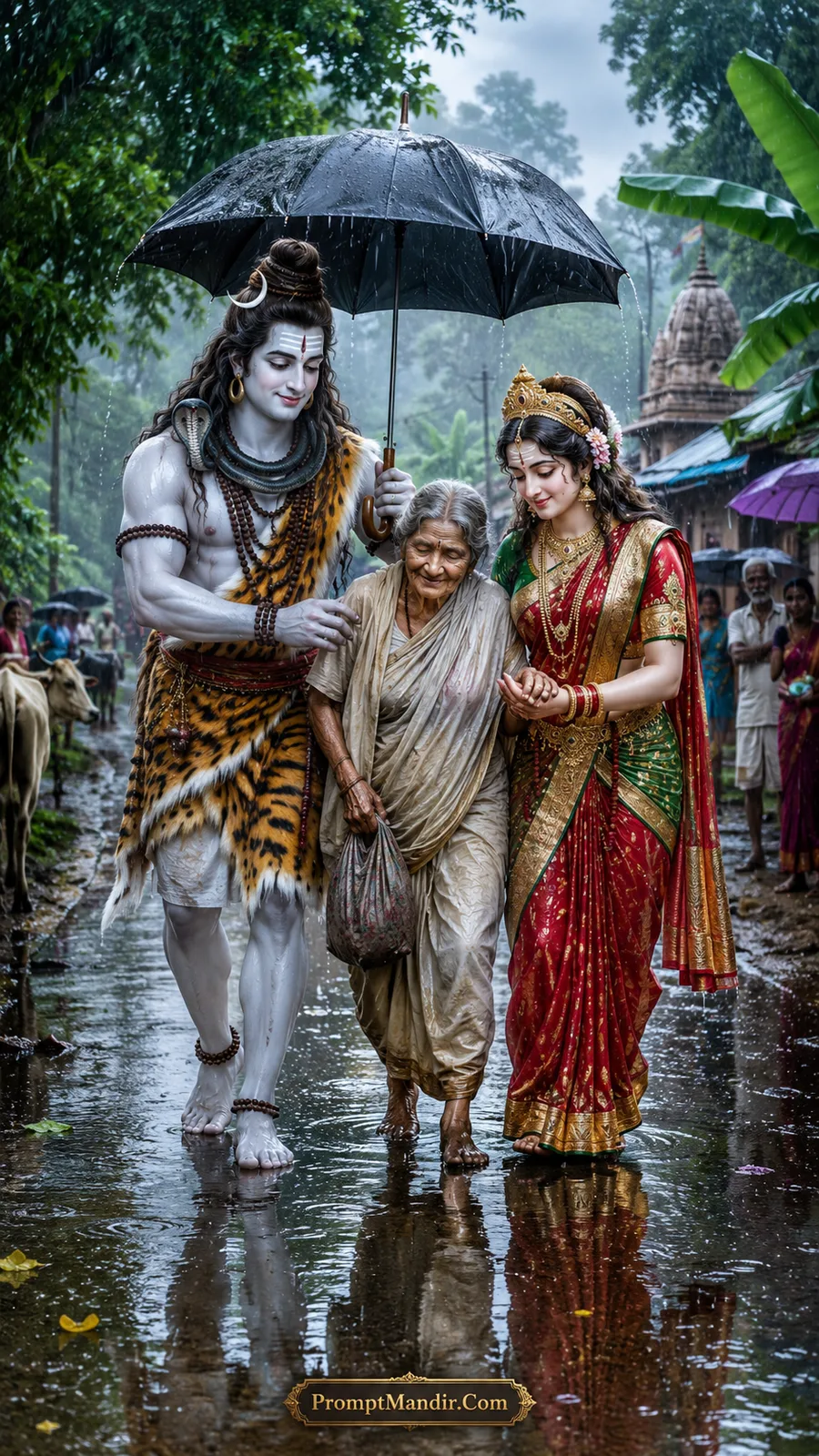 Lord Shiva holding an umbrella for an elderly woman while Goddess Parvati holds her hand, walking through a rainy village street