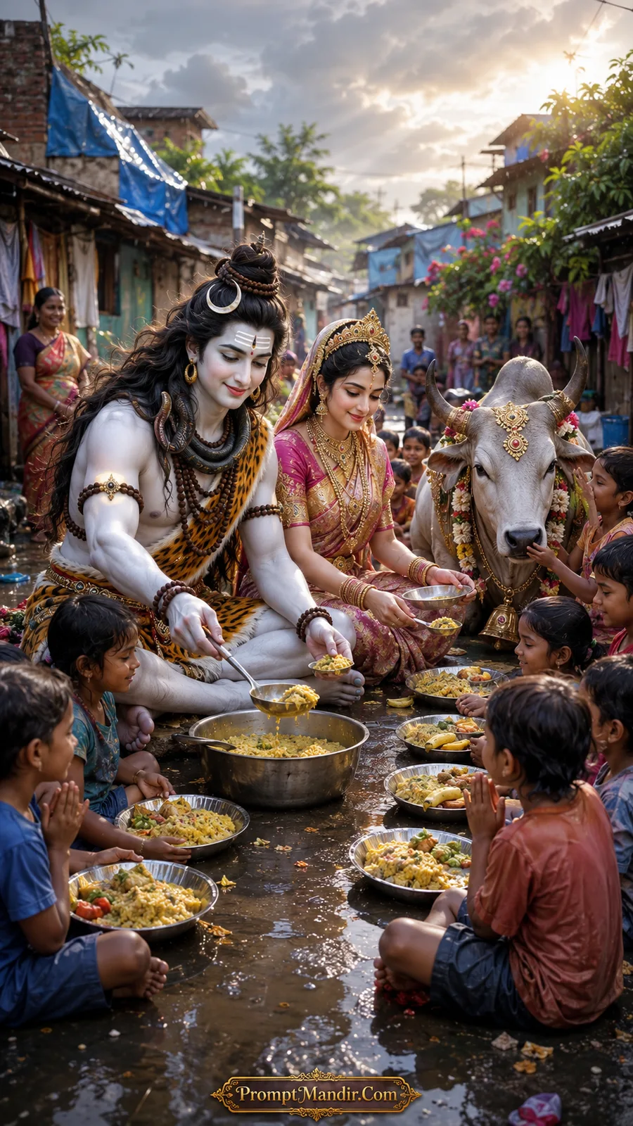 Lord Shiva and Parvati sitting on the ground, serving food to a group of children in a slum area