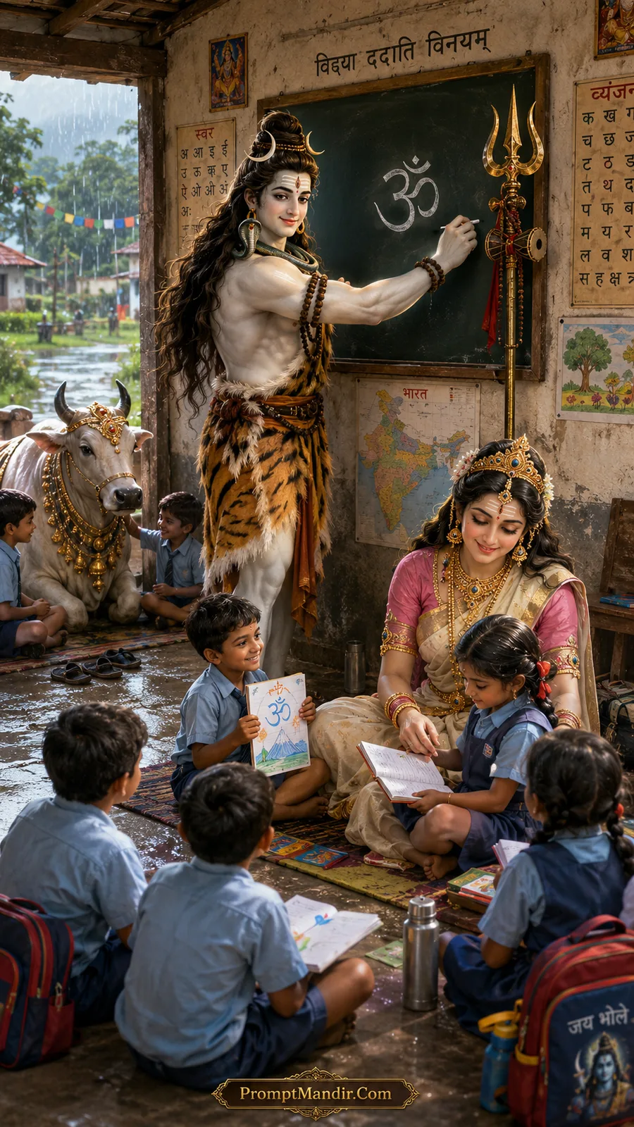 Lord Shiva writing 'Om' on a blackboard in a village school while Parvati helps a student, with children watching