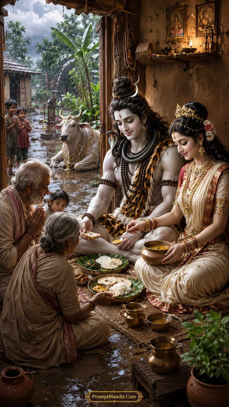 Lord Shiva and Parvati sitting on the floor, serving food to an elderly couple on banana leaves in a simple home