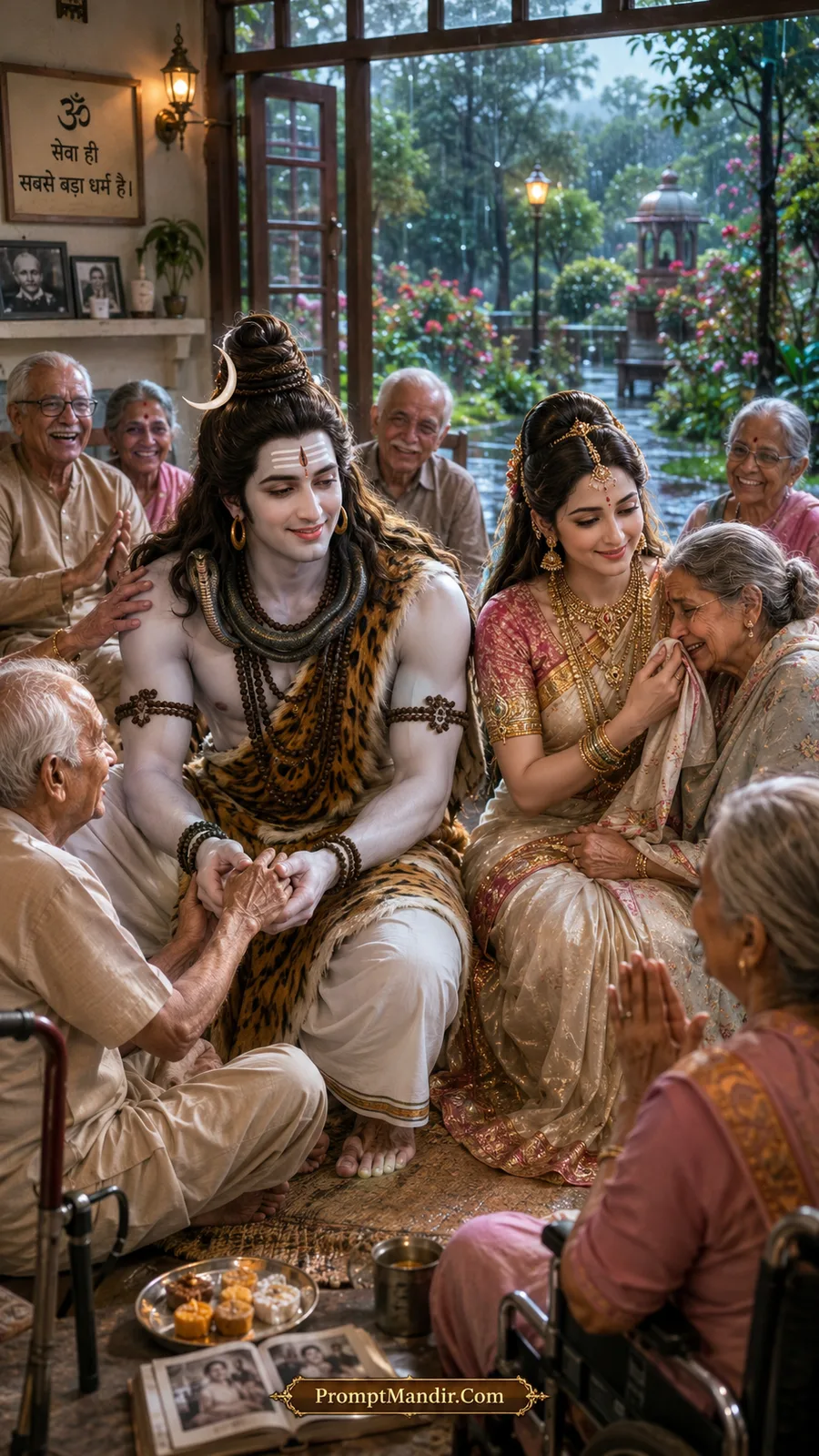 Lord Shiva and Parvati serving food to travelers and devotees at a roadside camp with a banner reading 'Sawan Seva Shiv Seva'