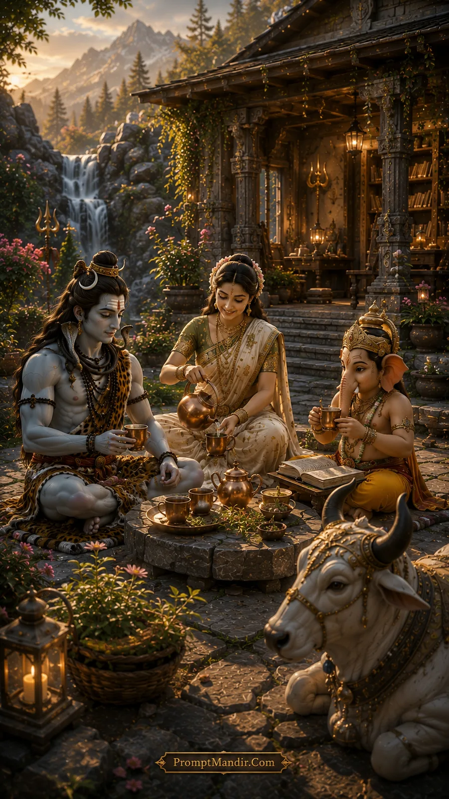 Shiva family enjoying a morning tea together on a stone patio in the Himalayas, with Parvati pouring tea, Ganesha holding a cup, and Nandi resting nearby