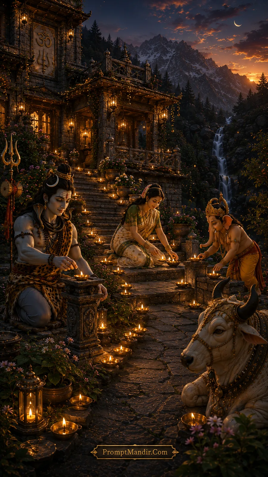 Shiva family lighting diyas together on the steps of their Himalayan home during twilight, with Parvati and Ganesha lighting lamps