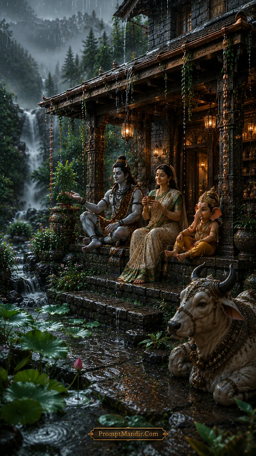 Shiva family sitting on the porch of their Himalayan home, watching the rain, with Parvati holding a cup and Ganesha sitting beside her